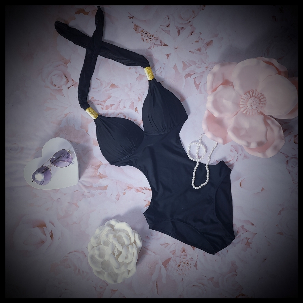 Black Cut-out One Piece Gold Accent Bathing Suit